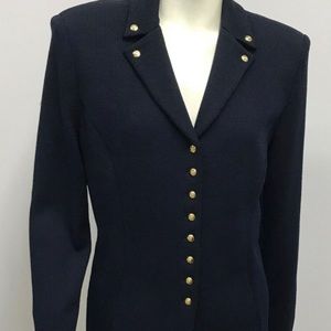 St John Collection Navy Wool Knit Jacket Gold SJ Logo Buttons Sz 10